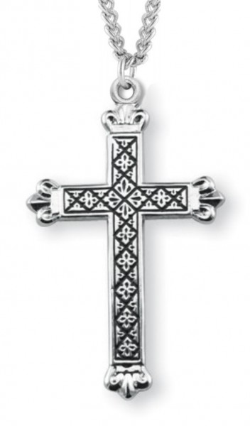 Cross Necklace Blackened Etched, Sterling Silver with Chain - 18&quot; 1.8mm Sterling Silver Chain + Clasp