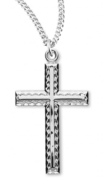 Women's Sterling Silver Etched Cross Necklace with Inlay with Chain Options - 18&quot; 1.8mm Sterling Silver Chain + Clasp