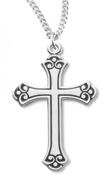 Cross Necklace Fancy Black Etched Enameled, Sterling Silver with Chain - 18&quot; 2.2mm Stainless Steel Chain + Clasp