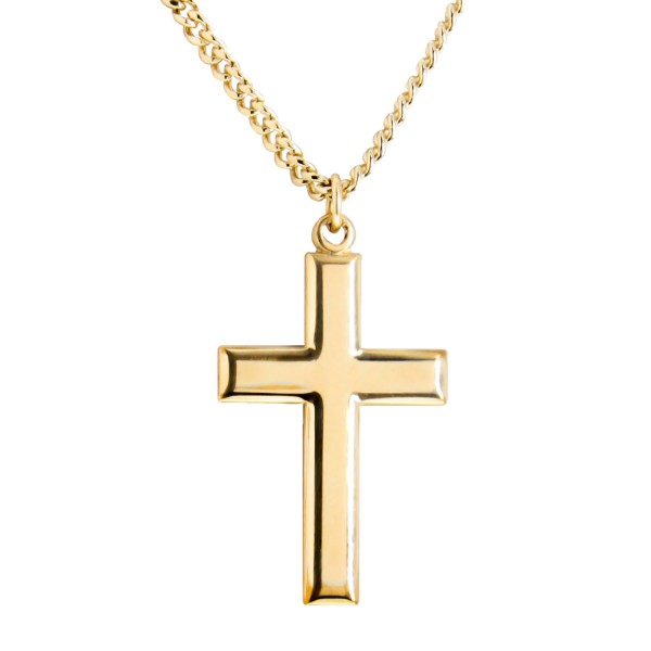 Men's Gold Filled Beveled Edge Cross Pendant - 27&quot; Gold Plated Endless Chain