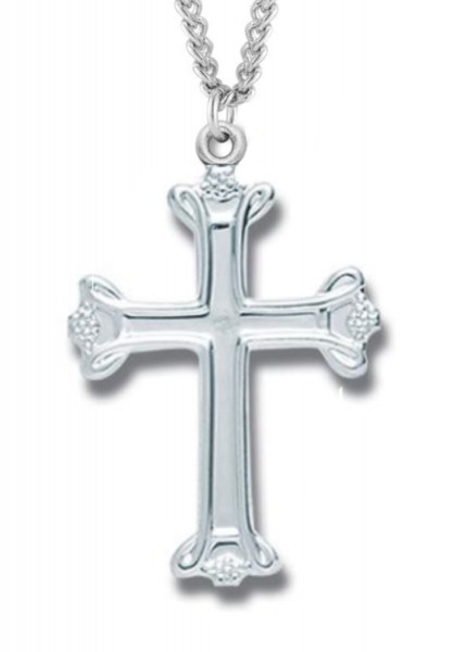 Women's Sterling Silver Budded Cross Necklace with Chain Options - 18&quot; 1.8mm Sterling Silver Chain + Clasp