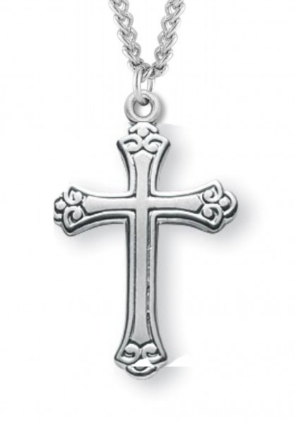 Women's Sterling Silver Floral Tipped Cross Necklace with Chain Options - 20&quot; 2.2mm Stainless Steel Chain with Clasp