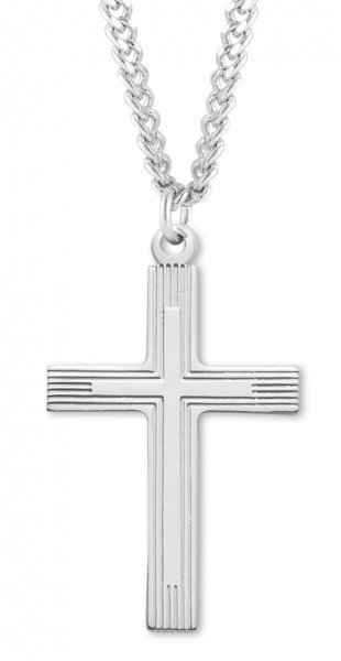 Men's Sterling Silver Cross Necklace with Etched Borders with Chain Options - 24&quot; 3mm Stainless Steel Endless Chain