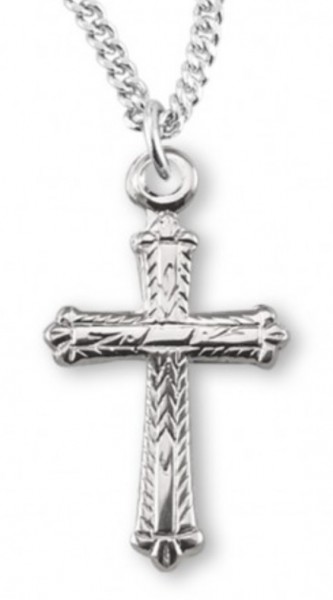 Youth Sterling Silver Unique Etched Pattern Cross Necklace with Chain - Sterling Silver