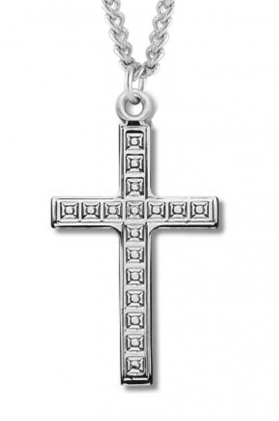 Women's Sterling Silver Cross Necklace with Cubed Etching with Chain Options - 18&quot; 2.2mm Stainless Steel Chain + Clasp