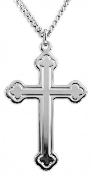 Men's Sterling Silver High Polish Clover Leaf Tip Cross Necklace with Chain Options - 24&quot; Sterling Silver Chain + Clasp