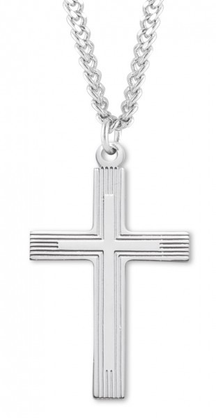 Men's Sterling Silver Cross Necklace with Etched Borders with Chain Options - 24&quot; Sterling Silver Chain + Clasp