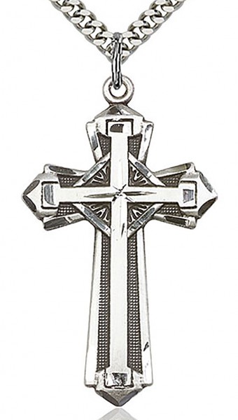 Cross Pendant, Sterling Silver - 24&quot; 2.4mm Rhodium Plate Endless Chain