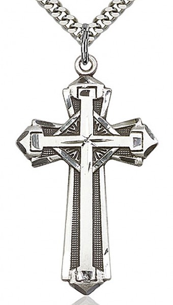 Cross Pendant, Sterling Silver - 24&quot; 2.4mm Rhodium Plate Chain + Clasp