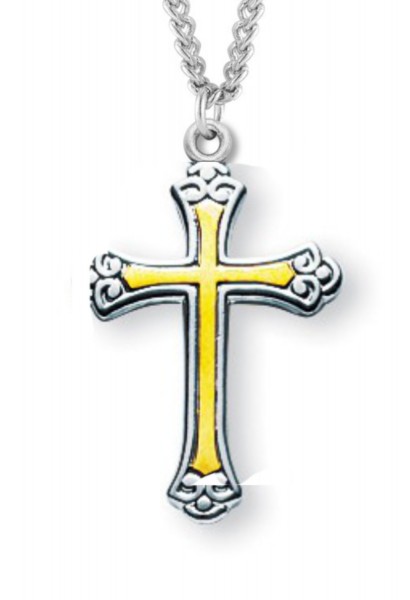 Women's Sterling Silver Two Tone Floral Tipped Cross Necklace with Chain Options - 20&quot; 1.8mm Sterling Silver Chain + Clasp