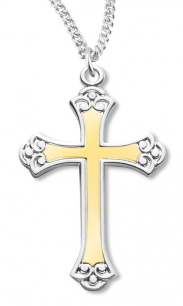 Cross Necklace Two Tone, Sterling Silver with Chain - 18&quot; 1.8mm Sterling Silver Chain + Clasp