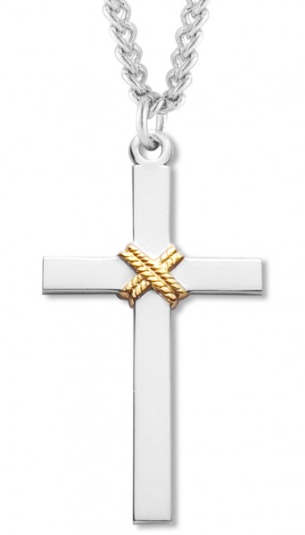 Men's Sterling Silver Cross Necklace with Gold Rope Center with Chain Options - 20&quot; 2.25mm Rhodium Plated Chain with Clasp