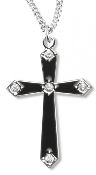 Cross Necklace with Black Enamel, Sterling Silver with Chain - 18&quot; 1.8mm Sterling Silver Chain + Clasp