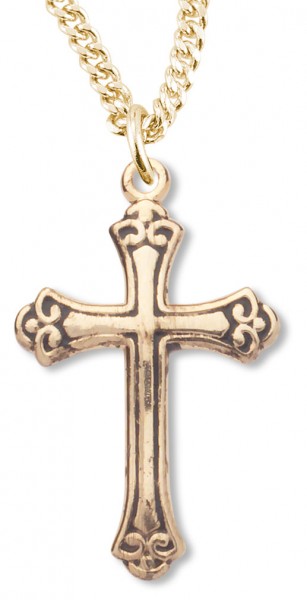Women's 14kt Gold Over Sterling Silver Fleur De Lis Cross Black Etched + 18 Inch Gold Plated Chain &amp; Clasp - Gold-tone