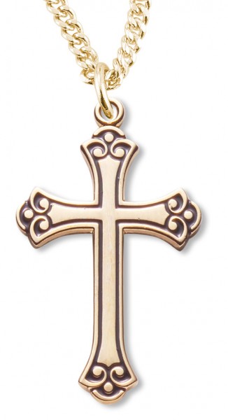 Women's 14kt Gold Plated Fleur De Lis Tip Cross Black Enamel + 18 Inch Gold Plated Chain &amp; Clasp - Gold-tone