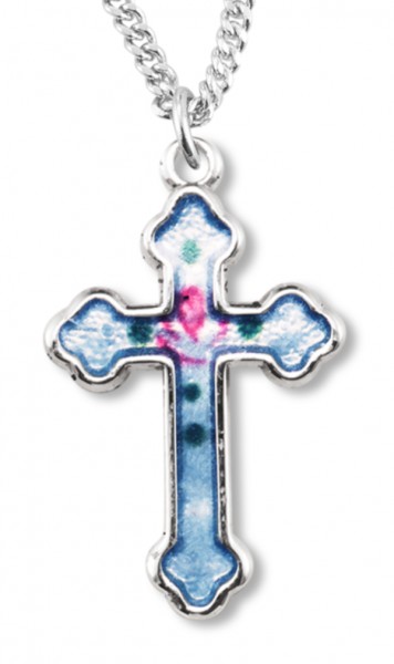 Women's Sterling Silver Blue Enamel Cross Necklace with Floral Design with Chain Options - 18&quot; 1.8mm Sterling Silver Chain + Clasp