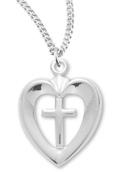 Women's Sterling Silver Open Heart Necklace with Cross Center with Chain Options - 18&quot; 1.8mm Sterling Silver Chain + Clasp