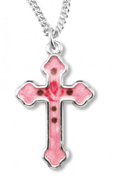 Women's Sterling Silver Pink Enamel Cross Necklace with Floral Design with Chain Options - 18&quot; 1.8mm Sterling Silver Chain + Clasp
