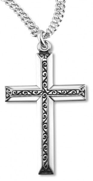Women's or Boy's Sterling Silver Simple Filigree Scroll Cross Pendant Raised Center with Chain - 20&quot; 2.2mm Stainless Steel Chain with Clasp
