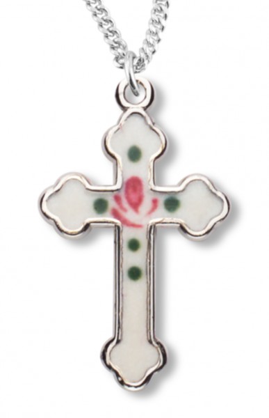 Cross Necklace with White Enamel, Sterling Silver with Chain - Sterling Silver