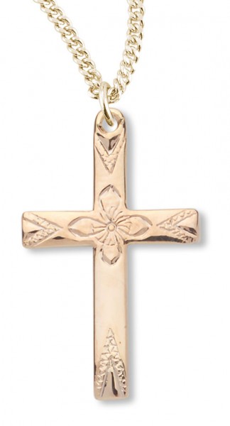 Women's 16kt Gold Over Sterling Silver High Polish Floral Cross Necklace + 18 Inch Gold Plated Chain &amp; Clasp - Gold-tone