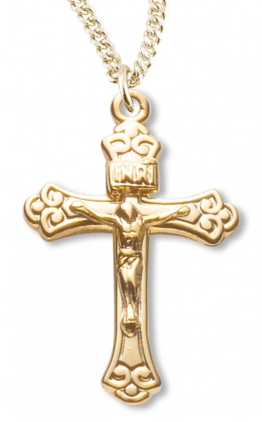 Women's 14kt Gold Plated Wide Fleur De Lis Tip Crucifix Pendant + 18 Inch Gold Plated Chain &amp; Clasp - Gold-tone