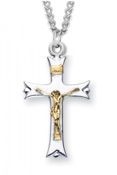 Crucifix Necklace Fancy Tip Two Tone, Sterling Silver with Chain - 18&quot; 1.8mm Sterling Silver Chain + Clasp