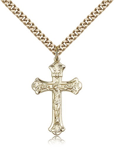 Crucifix Pendant, Gold Filled - 24&quot; 2.4mm Gold Plated Chain + Clasp