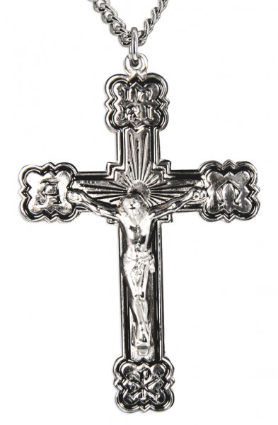 Men's Polished Sterling Silver Alpha Omega Chi Rho Crucifix Pendant with Chain Options - 24&quot; 3mm Stainless Steel Endless Chain
