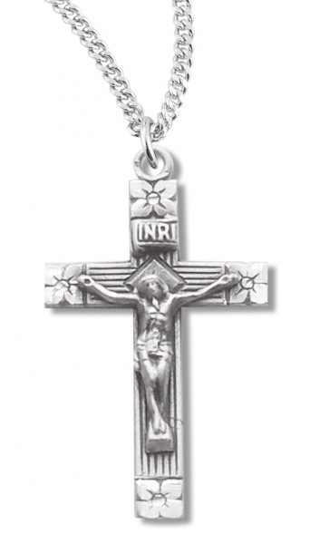 Women's Sterling Silver Crucifix Necklace with Floral Design with Chain Options - 18&quot; 1.8mm Sterling Silver Chain + Clasp
