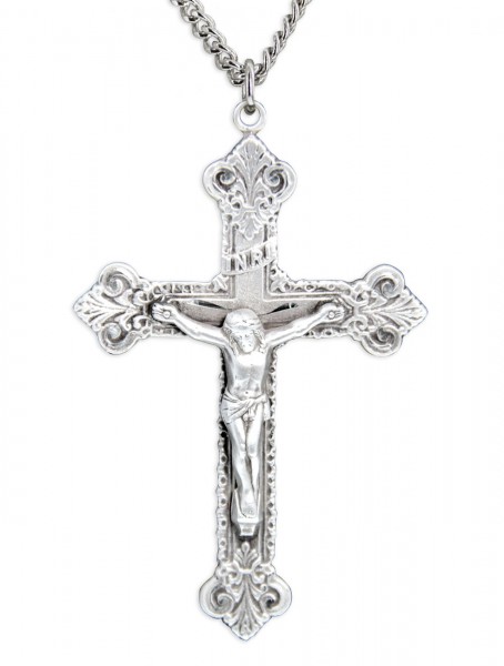 Men's Sterling Silver Budded Edge Crucifix Pendant with Chain Options - 24&quot; 3mm Stainless Steel Endless Chain