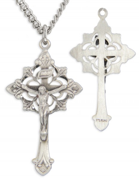 Men's Sterling Silver Fancy Crucifix Necklace Fleur-de-lis Points with Chain Options - 24&quot; 3mm Stainless Steel Endless Chain