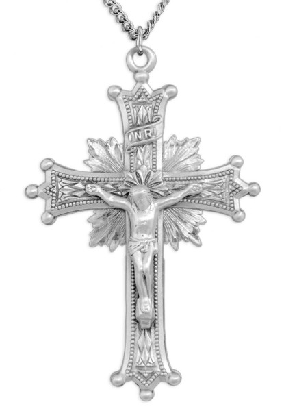 Men's Sterling Silver Starburst Crucifix Necklace Beaded Tips with Chain Options - 24&quot; 3mm Stainless Steel Endless Chain