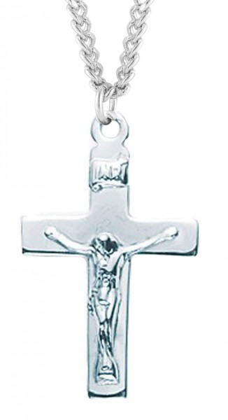 Woman's Wide Edge Crucifix Necklace, Sterling Silver with Chain Options - 18&quot; 2.2mm Stainless Steel Chain + Clasp