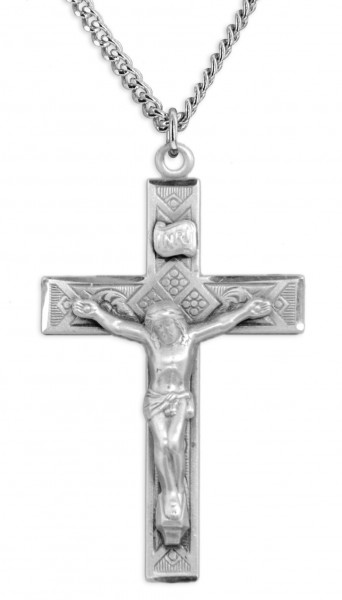 Men's Large Sterling Silver Diamond Etched Crucifix Necklace with Chain Options - 24&quot; 3mm Stainless Steel Endless Chain