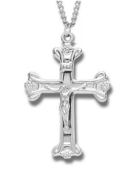 Women's Sterling Silver Polished Budded Crucifix Necklace with Chain - 20&quot; 2.2mm Stainless Steel Chain with Clasp