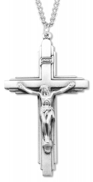 Men's Large Sterling Silver Crucifix Pendant - 24&quot; 3mm Stainless Steel Chain + Clasp