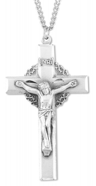 Men's Sterling Silver Crucifix Pendant with Wreath of Thorns - 24&quot; 3mm Stainless Steel Chain + Clasp