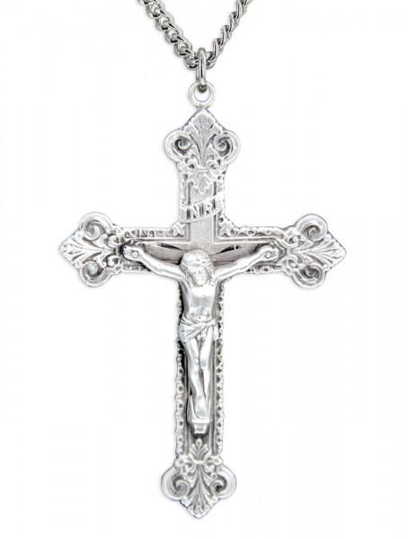 Men's Sterling Silver Budded Edge Crucifix Pendant with Chain Options - 24&quot; 3mm Stainless Steel Chain + Clasp