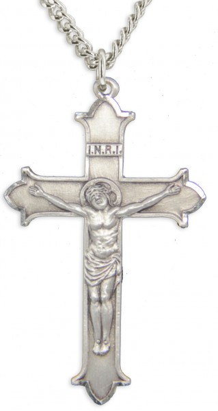 Men's Sterling Silver Matte Finished Pointy Edge Crucifix Pendant with Chain Options - 24&quot; Sterling Silver Chain + Clasp
