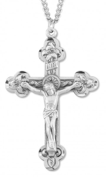 Men's Sterling Budded Edge Silver Crucifix Necklace with Chain Options - 24&quot; 3mm Stainless Steel Chain + Clasp