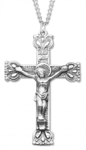 Men's Sterling Silver Crucifix Necklace with Crown Tips with Chain Options - 24&quot; 3mm Stainless Steel Chain + Clasp