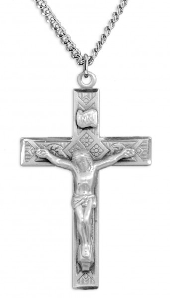 Men's Large Sterling Silver Diamond Etched Crucifix Necklace with Chain Options - 20&quot; 2.2mm Stainless Steel Chain with Clasp