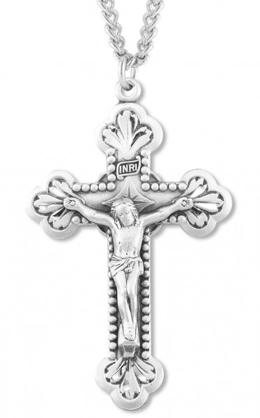 Men's Sterling Silver Baroque Style Crucifix Necklace with Chain Options - 24&quot; 3mm Stainless Steel Chain + Clasp