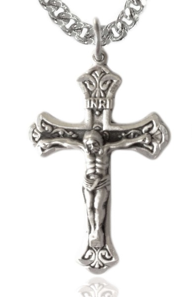 Crucifix Pendant, Sterling Silver - 24&quot; 2.4mm Rhodium Plate Chain + Clasp