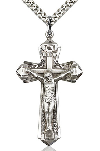 Crucifix Pendant, Sterling Silver - 24&quot; 2.2mm Sterling Silver Chain + Clasp