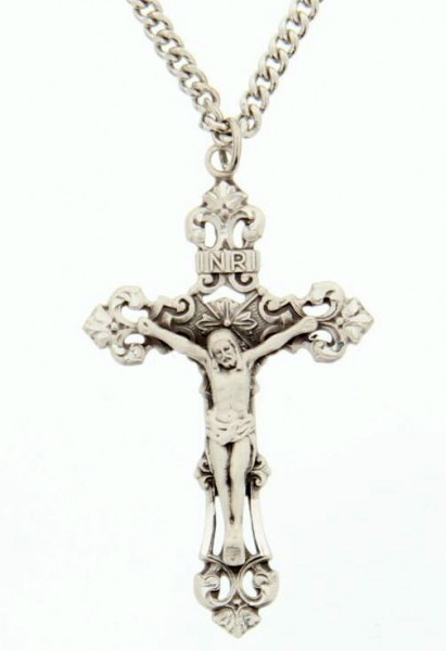 Crucifix Pendant, Sterling Silver - 24&quot; 2.4mm Rhodium Plate Chain + Clasp