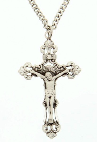Crucifix Pendant, Sterling Silver - 24&quot; Sterling Silver Chain + Clasp