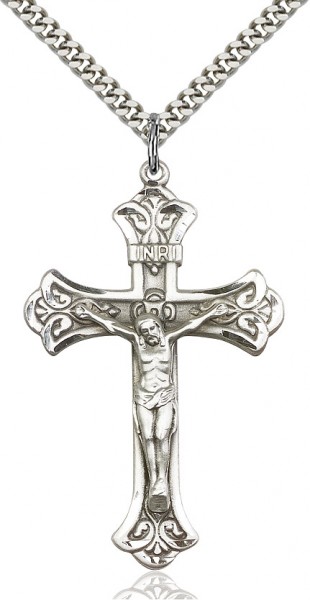 Crucifix Pendant, Sterling Silver - 24&quot; 2.2mm Sterling Silver Chain + Clasp