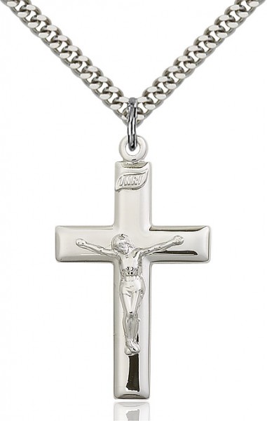 Crucifix Pendant, Sterling Silver - 24&quot; 2.2mm Sterling Silver Chain + Clasp